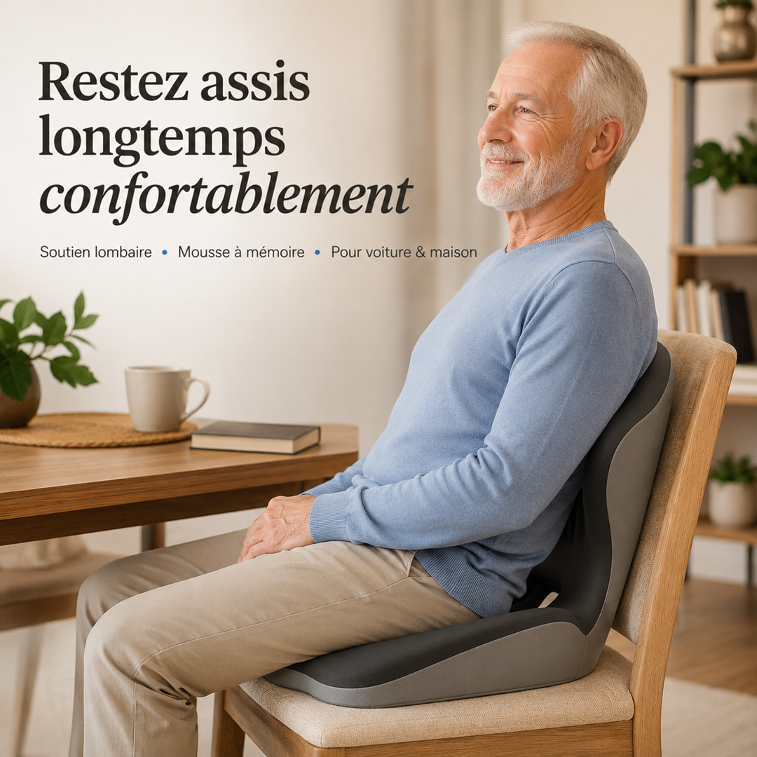 Homme aux cheveux gris assis sur une chaise en bois, le coussin gris soutenant son dos 1
