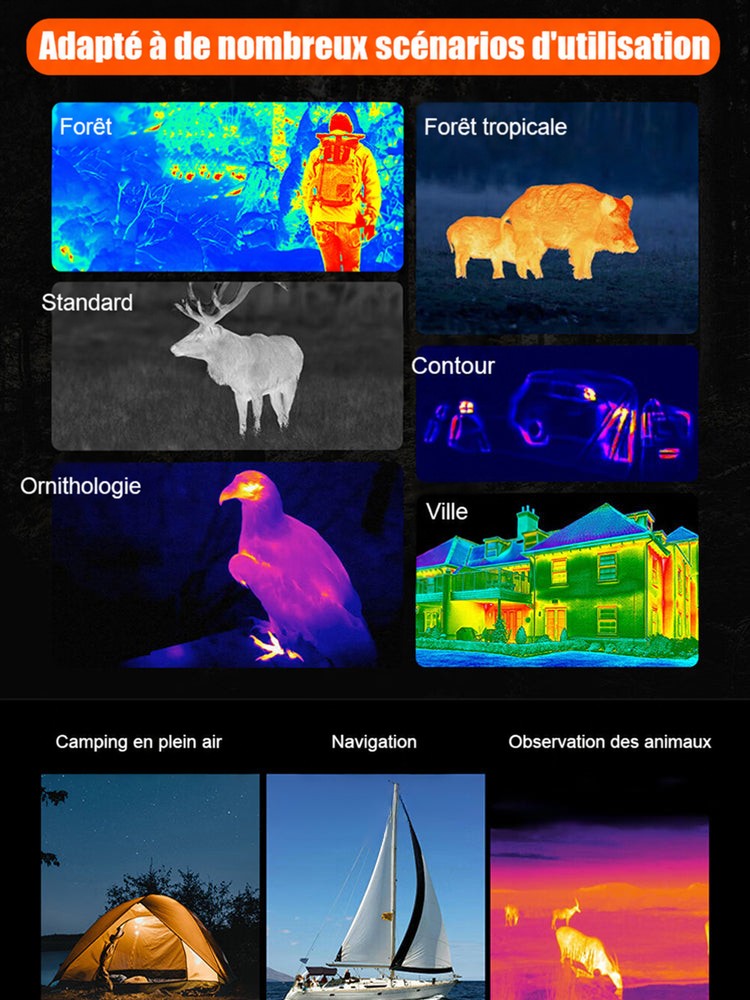 Planche d'images thermiques en couleurs montrant forêt, animaux, oiseau, bâtiment, voilier et tente de camping 5