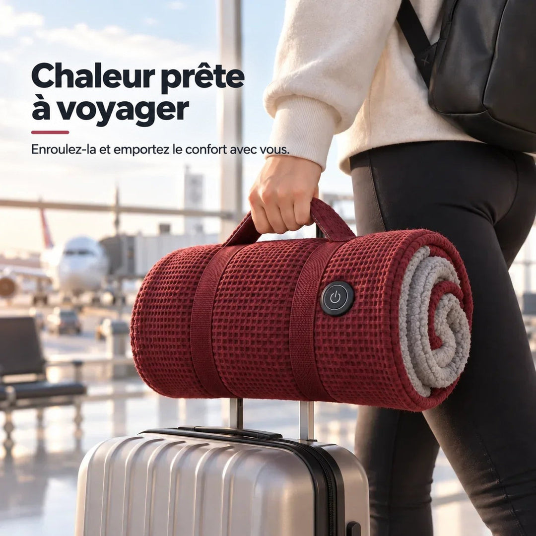 Couverture rouge roulée et sanglée, portée par sa poignée, posée sur la poignée d'une valise 2