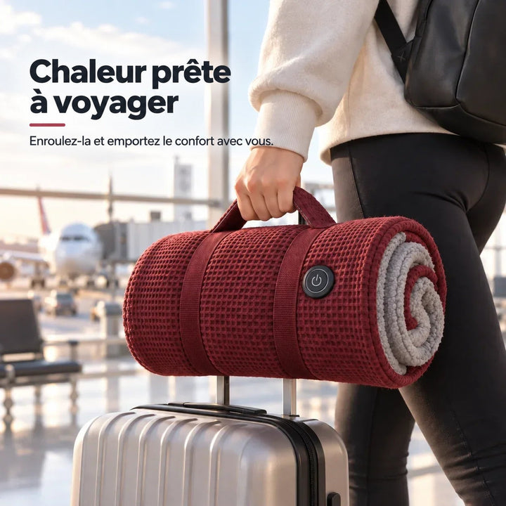 Couverture rouge roulée et sanglée, portée par sa poignée, posée sur la poignée d'une valise 2