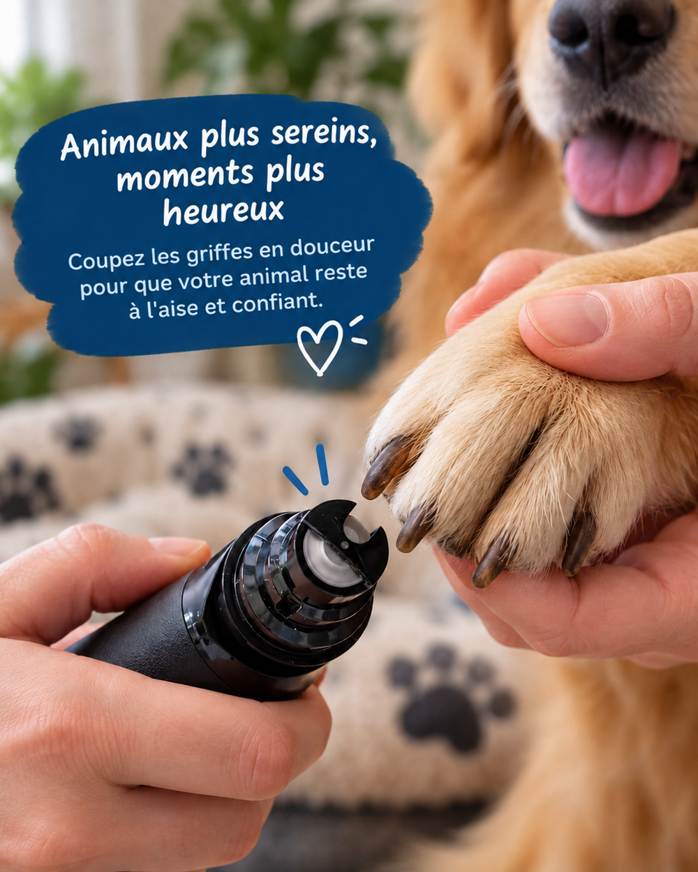 Gros plan sur la tête de ponçage approchée des griffes d'une patte de chien tenue en main 2