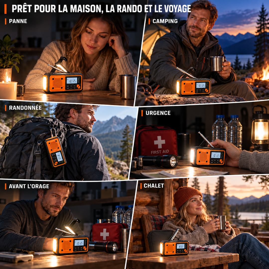 Montage de six scènes d'usage: coupure de courant, camping, randonnée avec la radio accrochée au sac, urgence, tempête 9