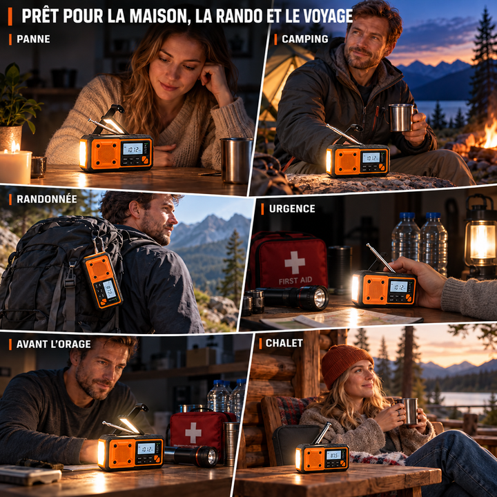 Montage de six scènes d'usage: coupure de courant, camping, randonnée avec la radio accrochée au sac, urgence, tempête 9