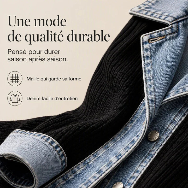 Manteau noir posé à plat, revers et manchette en denim bleu clair avec boutons métalliques 10