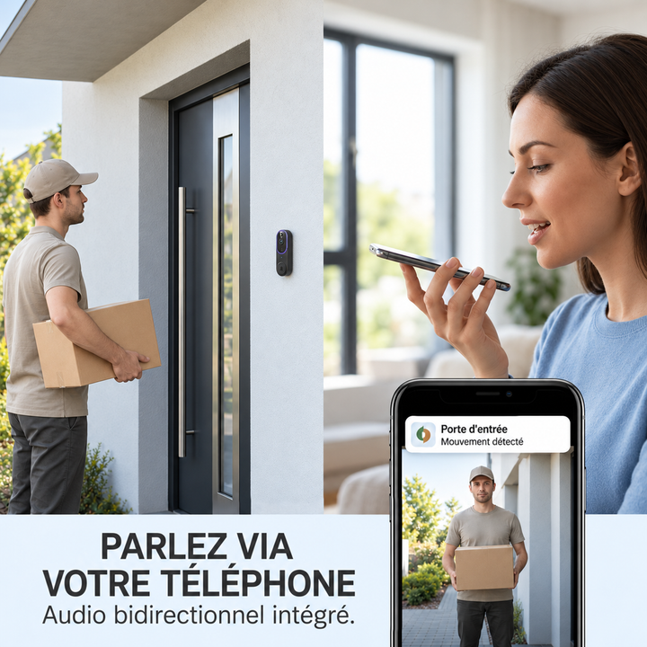 Une femme parle dans son téléphone pour répondre à un livreur casquetté qui attend devant la porte 3