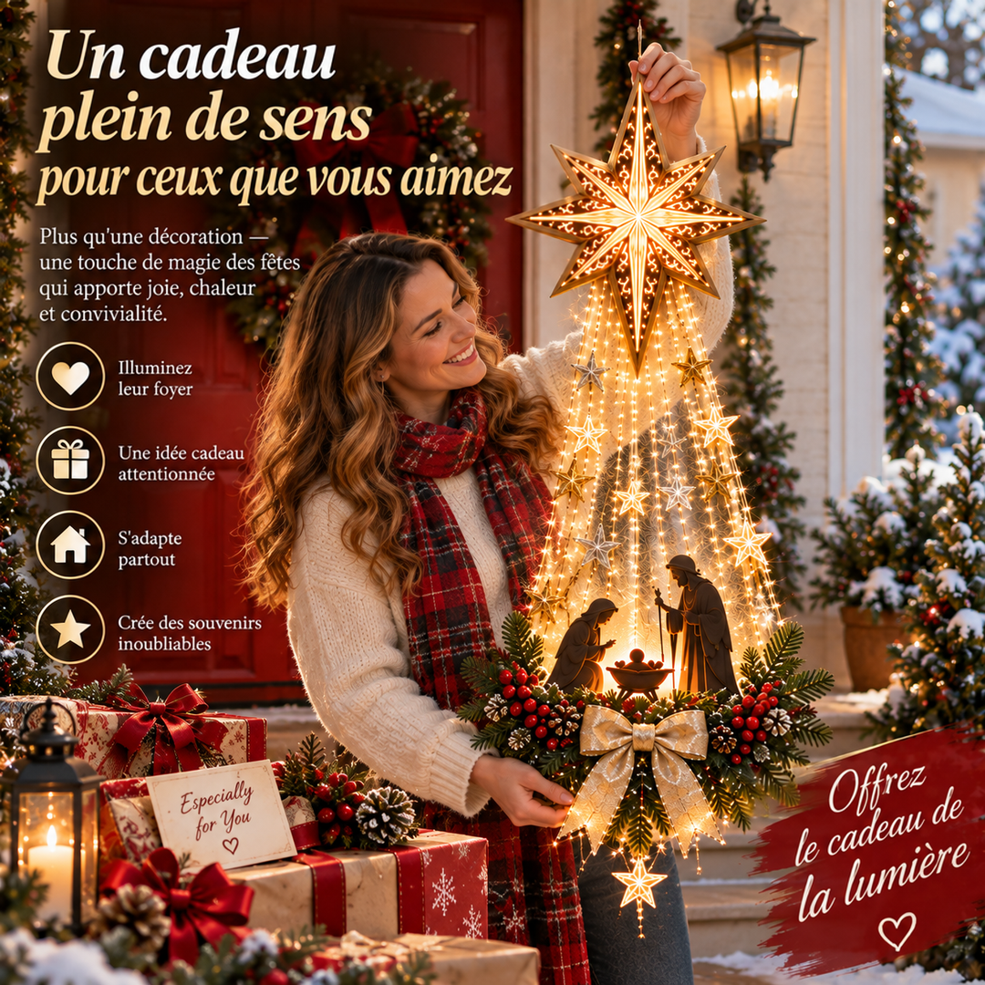 Femme souriante en écharpe écossaise tenant la décoration lumineuse par l'étoile, entourée de paquets cadeaux 9