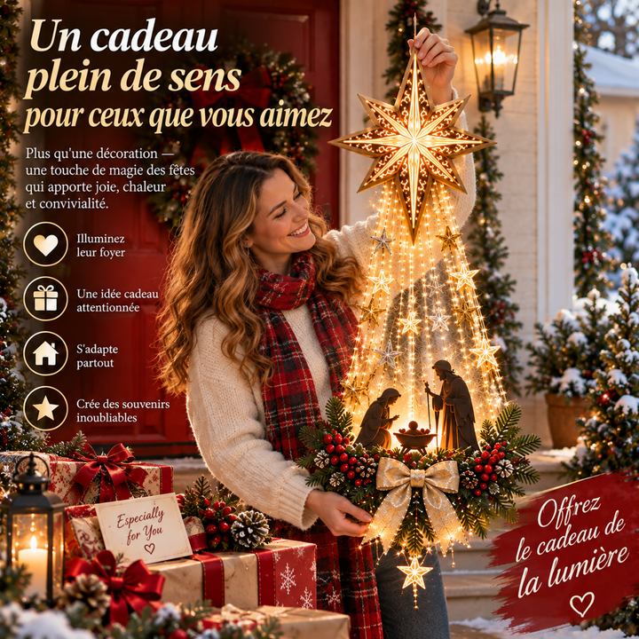 Femme souriante en écharpe écossaise tenant la décoration lumineuse par l'étoile, entourée de paquets cadeaux 9
