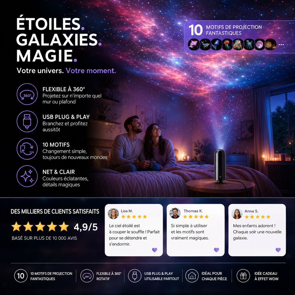 Couple assis sur un lit sous un ciel de galaxies projeté, avec avis clients et liste des atouts 6