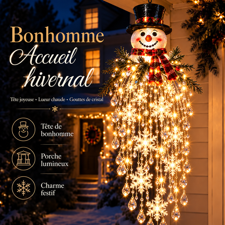 Modèle avec bonhomme de neige en chapeau haut de forme et écharpe écossaise, flocons lumineux en cascade 5