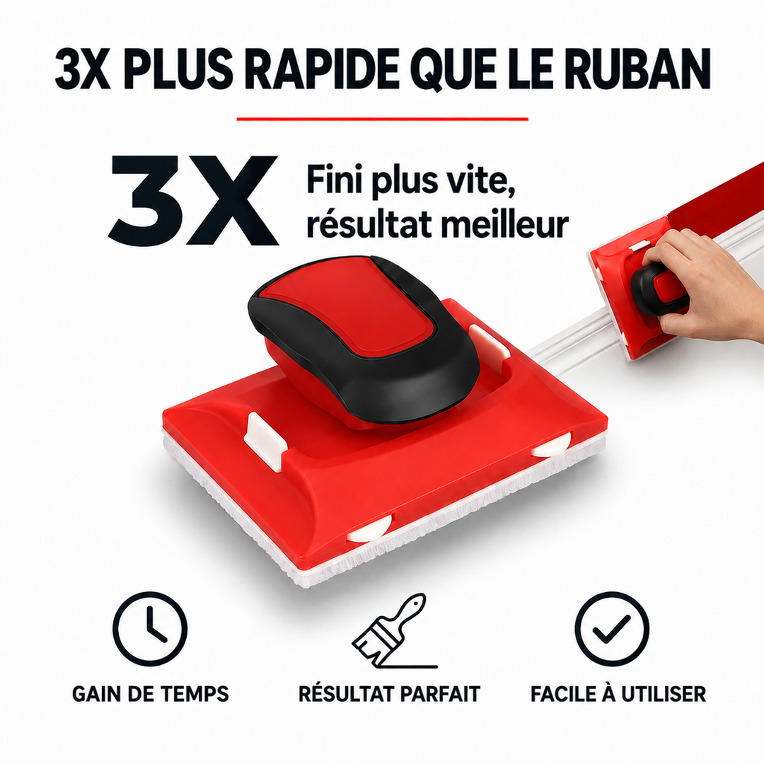 Outil rouge et noir en gros plan, et une main qui l'utilise le long d'une moulure blanche 6