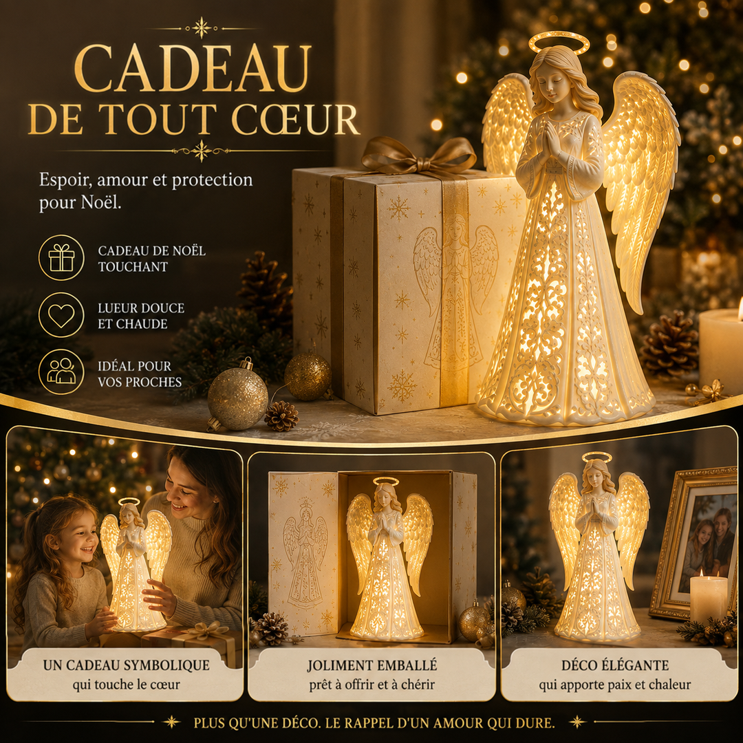 Ange lumineux à côté d'un coffret cadeau doré, avec scènes d'offrande à une enfant et d'emballage 3