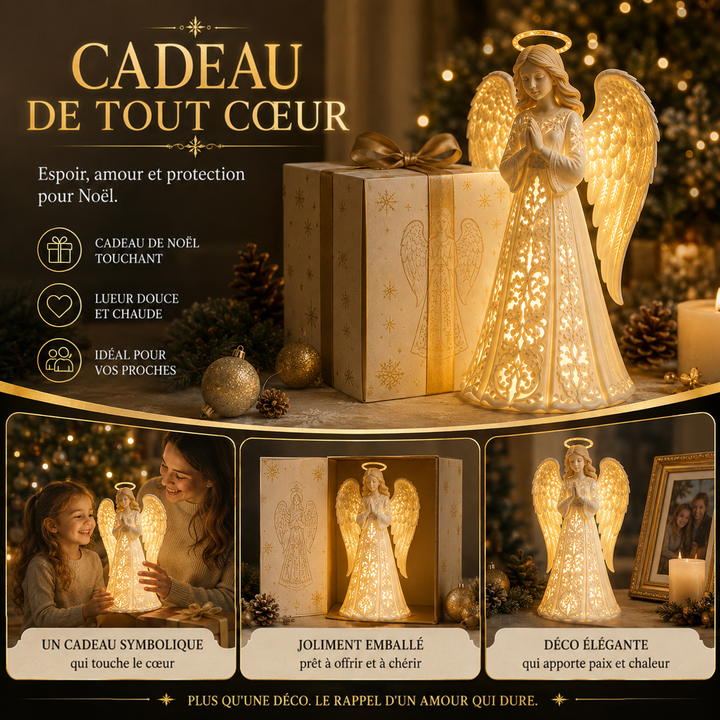 Ange lumineux à côté d'un coffret cadeau doré, avec scènes d'offrande à une enfant et d'emballage 3