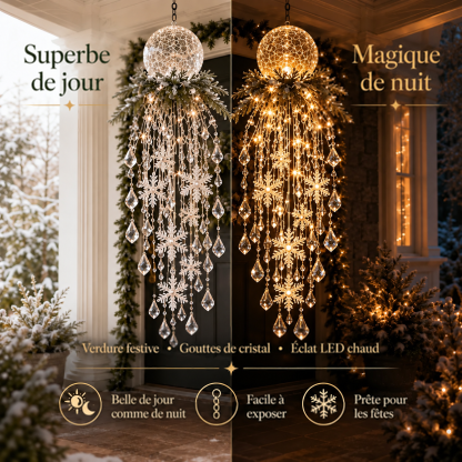Comparaison jour et nuit du modèle à globe, avec feuillage, gouttes en cristal et LED blanc chaud 17