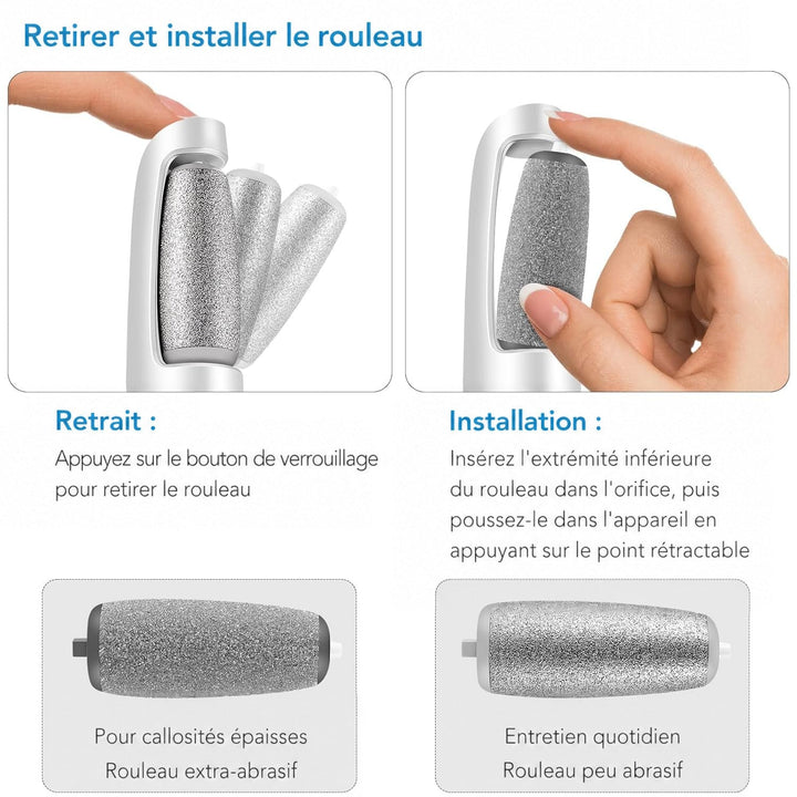 Gros plan sur les doigts retirant et installant le rouleau, avec les deux rouleaux, gros grain et grain fin. 4