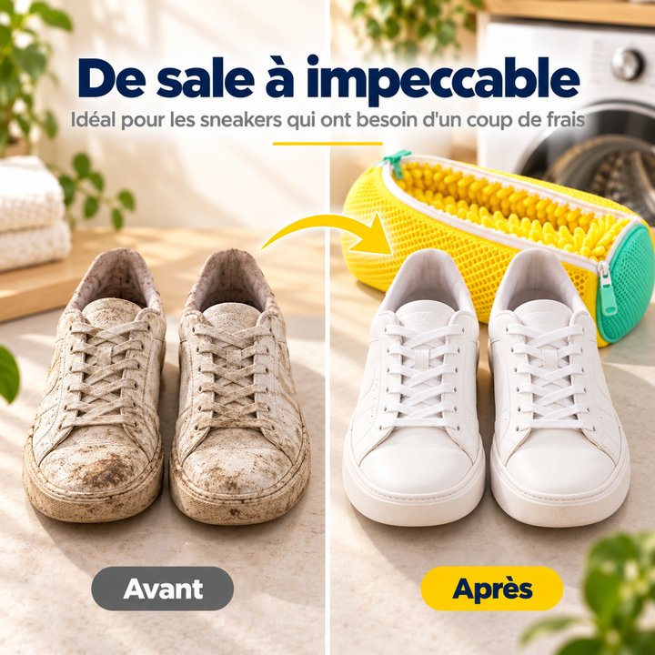 Avant et après : baskets blanches sales à gauche, propres à droite, avec le sac jaune 5