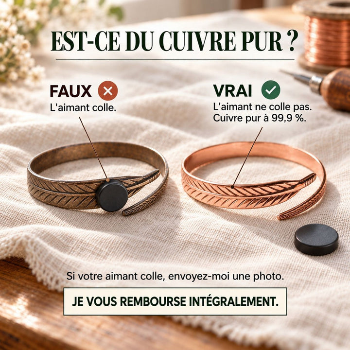 Comparaison de deux bracelets plume, l'un terni et l'autre cuivré, avec un aimant et un texte explicatif 3