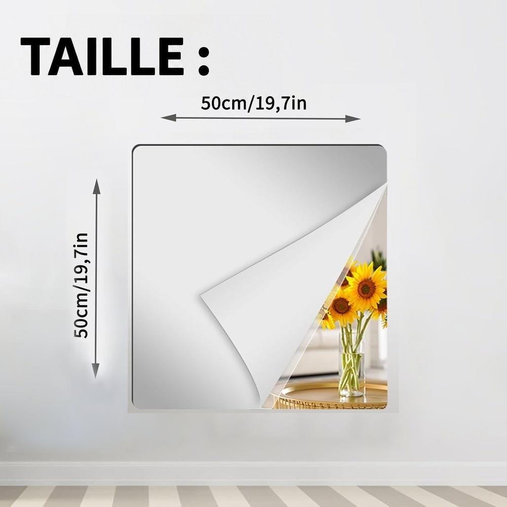Feuille miroir carrée collée au mur, coin décollé révélant un bouquet de tournesols, avec cotes de largeur et hauteur indiquées. 11