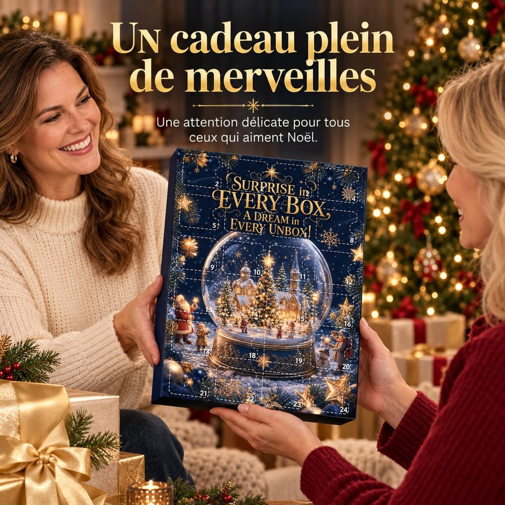 Deux femmes se passant le calendrier comme cadeau, devant un sapin illuminé et des paquets dorés 7