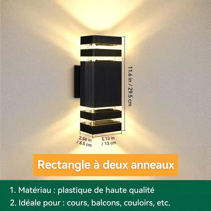 Applique rectangulaire à double bande lumineuse, schéma coté 29,5 cm de haut, 13 cm de large, 6,5 cm de profondeur 17