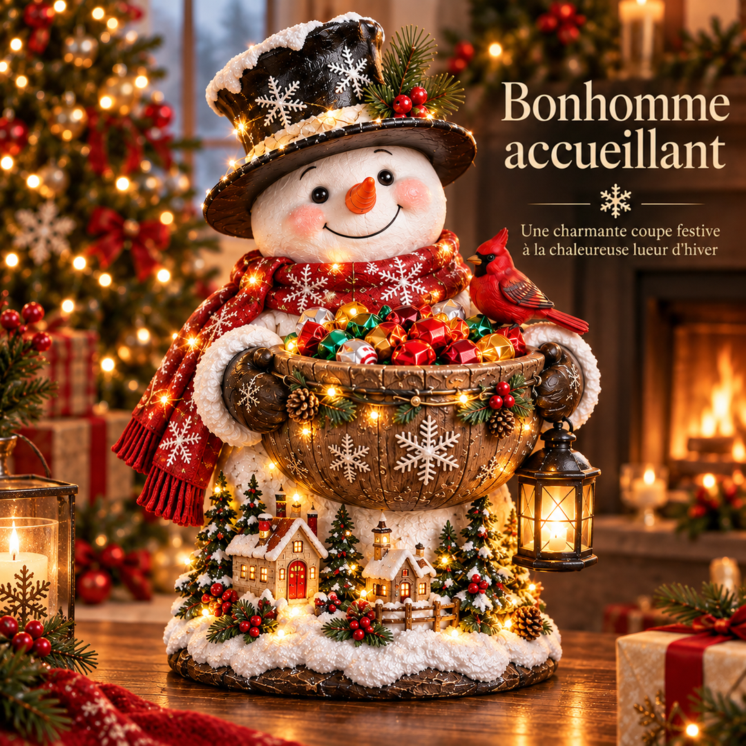 Figurine de bonhomme de neige en haut-de-forme tenant un bol de bonbons, avec cardinal rouge et lanterne 2