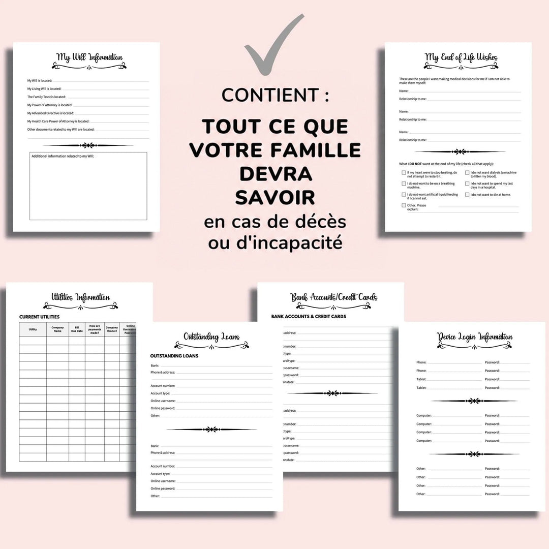 Montage de six pages de formulaires sur fond rose : testament, volontés de fin de vie, services, prêts, comptes bancaires et identifiants d'appareils. 6