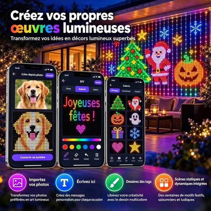 Trois écrans d'application pour créer des motifs à partir de photos, texte ou dessin, avec le rideau en fond 5