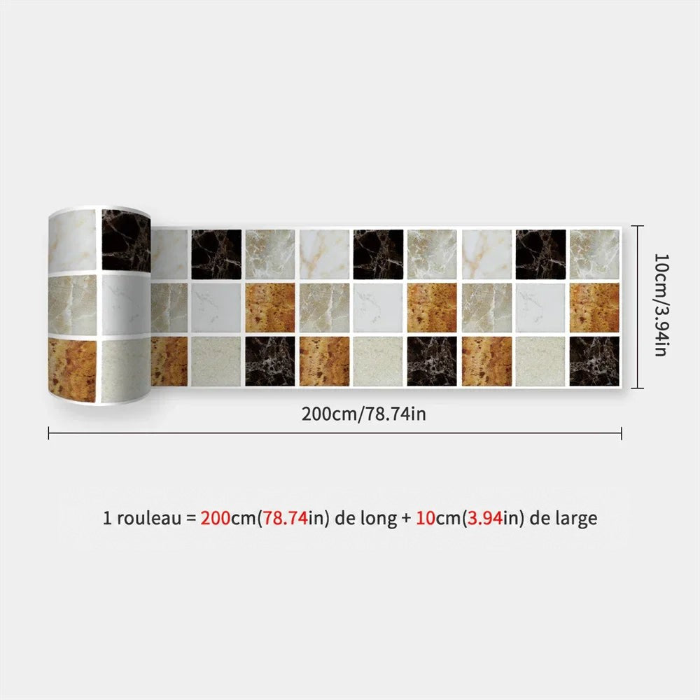Rouleau à carreaux imitation marbre blanc, noir, gris et doré, avec dimensions de la bande 51