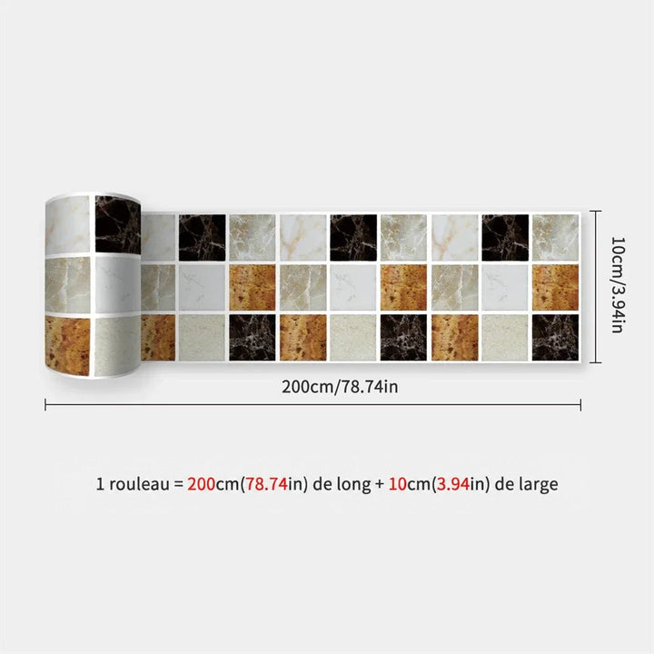 Rouleau à carreaux imitation marbre blanc, noir, gris et doré, avec dimensions de la bande 51