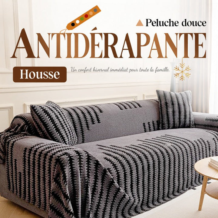 Canapé recouvert de la housse pelucheuse grise à motifs noirs, avec coussins assortis, visuel de présentation 1