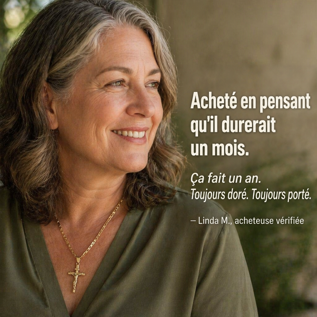 Femme aux cheveux gris souriante, en haut vert, portant le collier crucifix doré, avec un témoignage d'acheteuse 7
