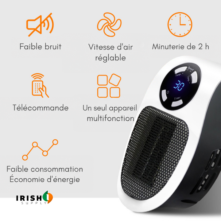 Chauffage vu en biais avec icônes orange illustrant faible bruit, vitesse réglable, minuterie, télécommande et économie 7