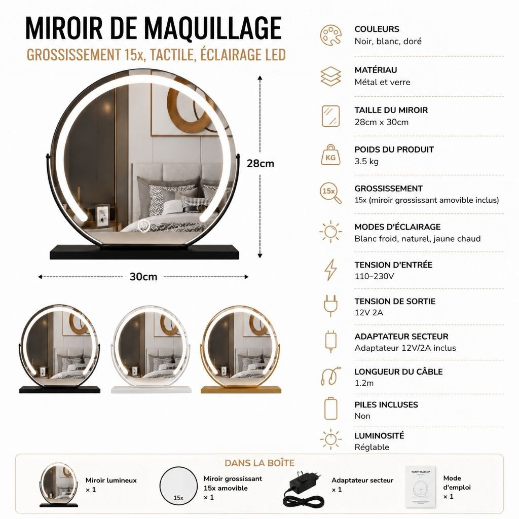 Fiche technique du miroir avec dimensions, trois coloris et contenu du colis : loupe, adaptateur, notice 14