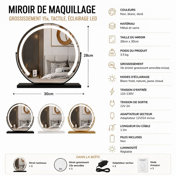 Fiche technique du miroir avec dimensions, trois coloris et contenu du colis : loupe, adaptateur, notice 14