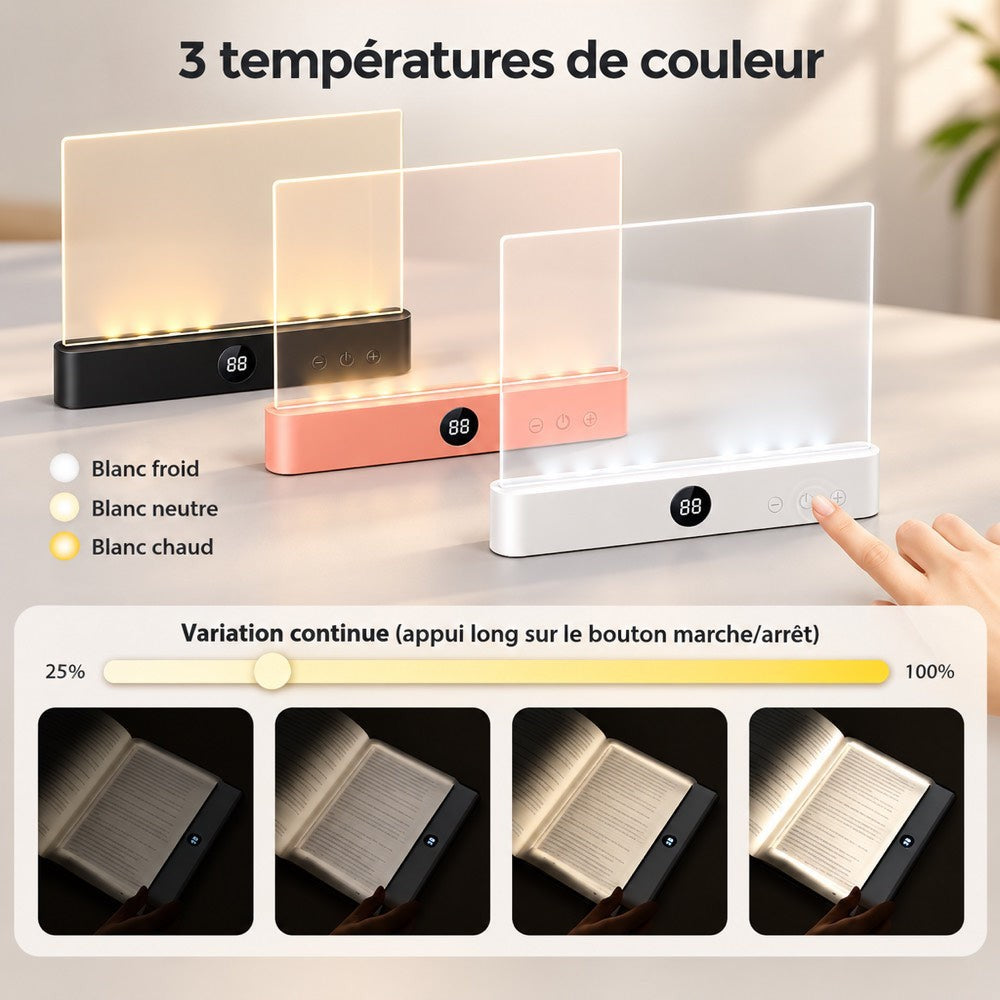 Trois lampes noire, rose et blanche montrant les températures de lumière, avec exemples de variation d'intensité 12