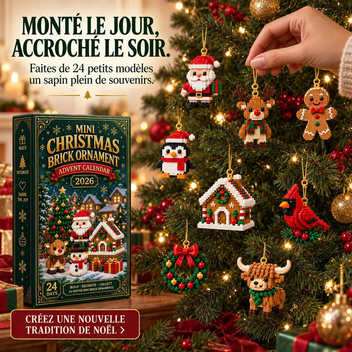 Une main accroche une figurine en briques au sapin, parmi un pingouin, une maison en pain d'épice, un cardinal, une couronne et une vache. 7