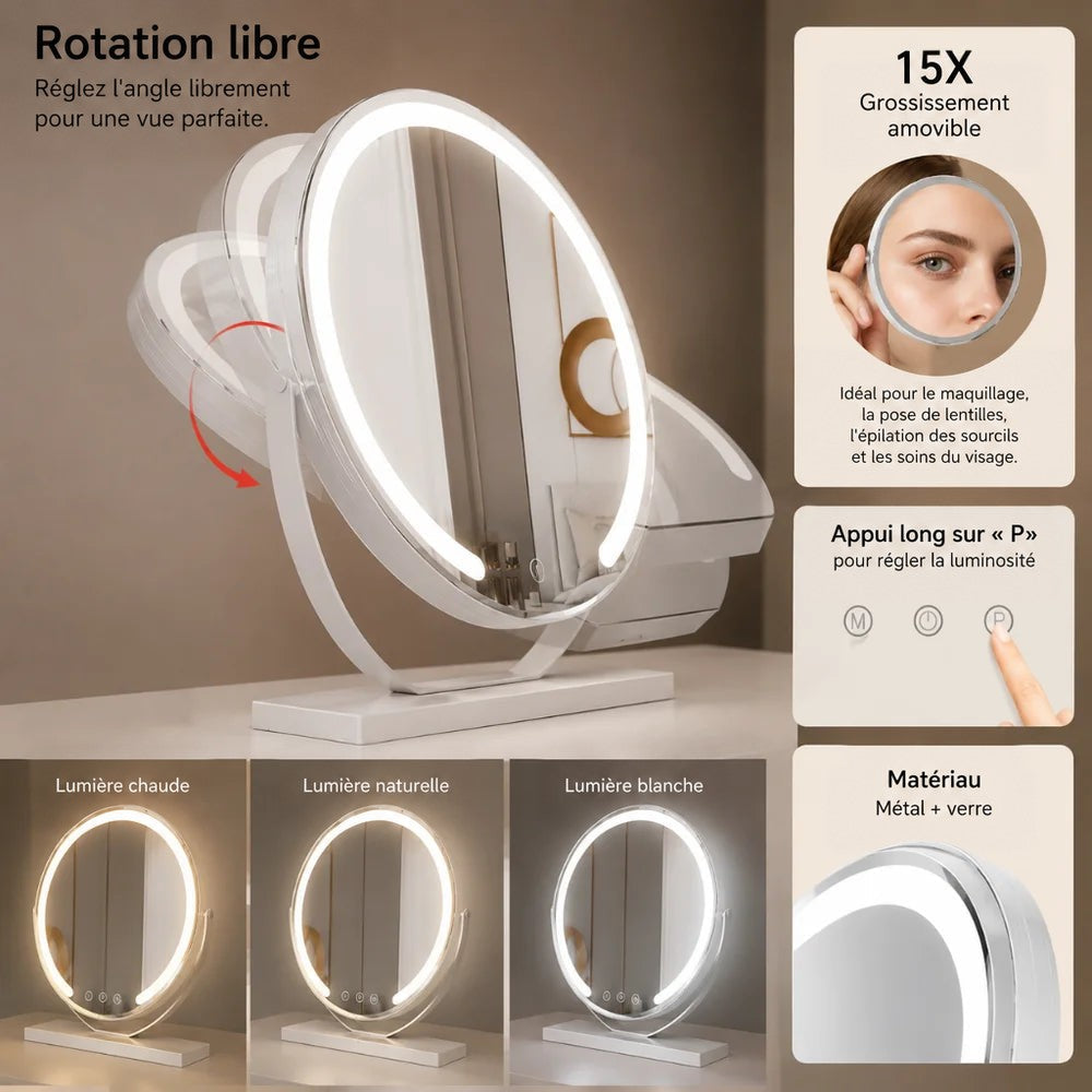 Montage explicatif : rotation libre, loupe amovible, réglage de luminosité et trois tons de lumière 5