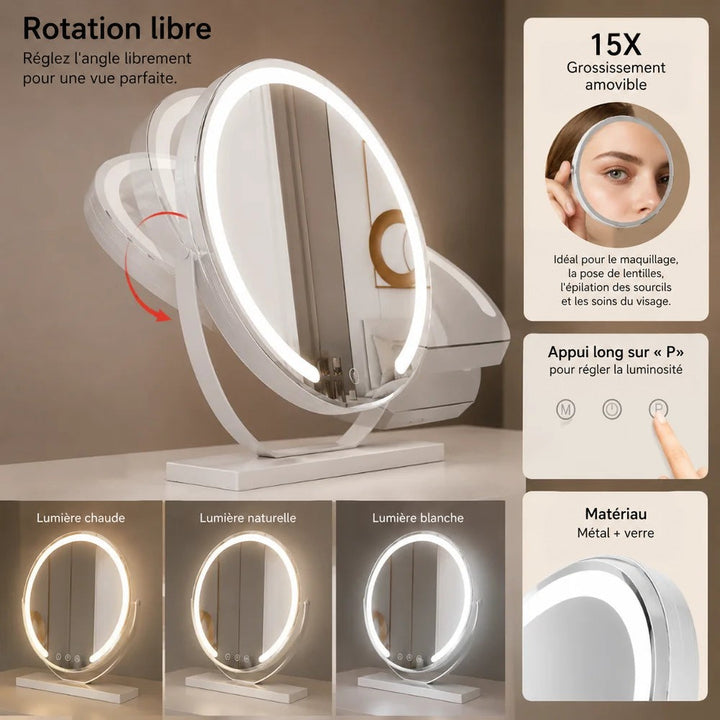 Montage explicatif : rotation libre, loupe amovible, réglage de luminosité et trois tons de lumière 5