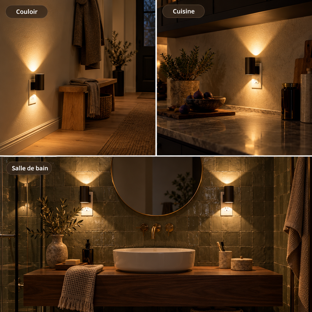 Trois ambiances avec l'applique noire allumée : couloir, cuisine et salle de bain, la nuit 5