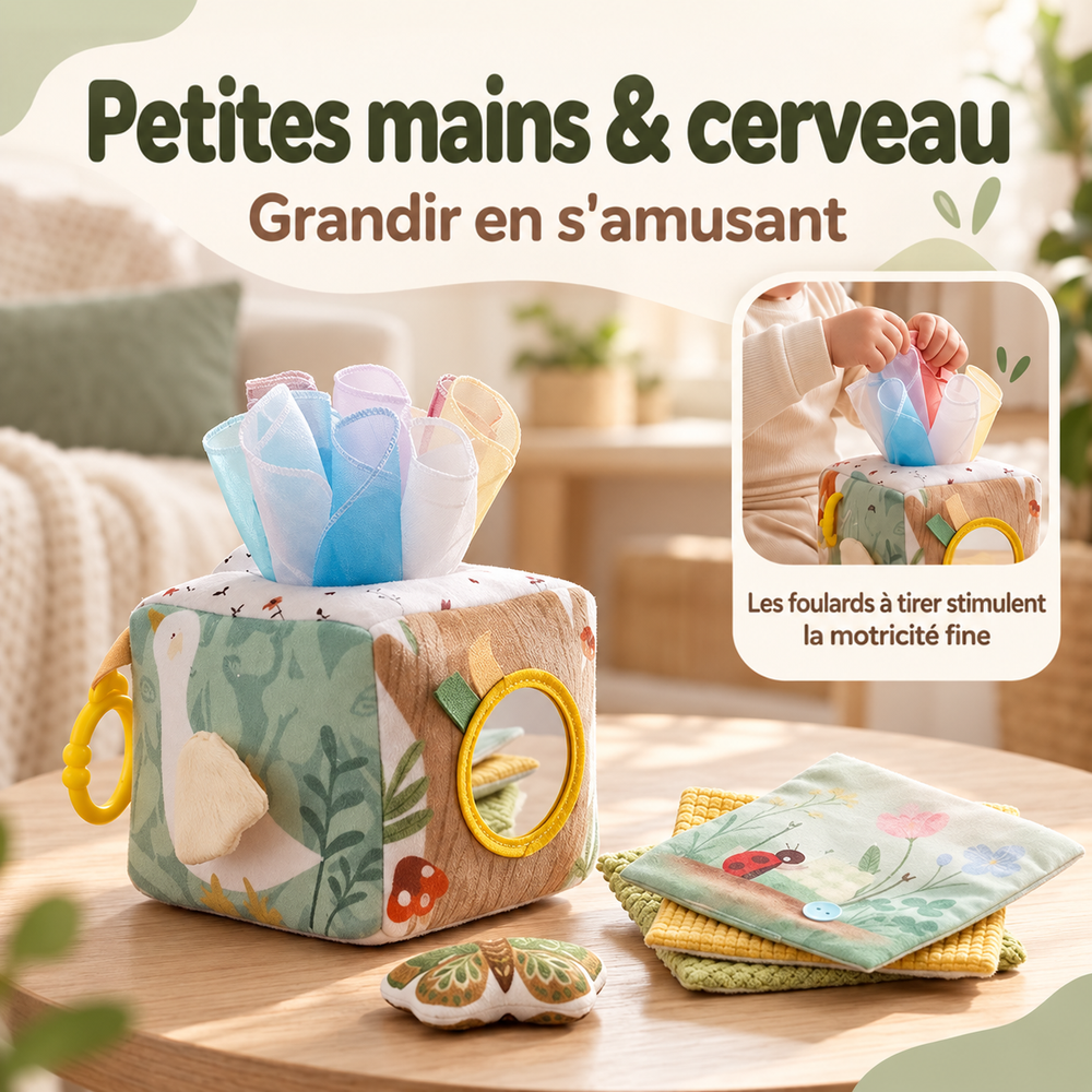 Cube posé sur une table basse dans un salon, bébé tirant un foulard, avec livres et papillon 2