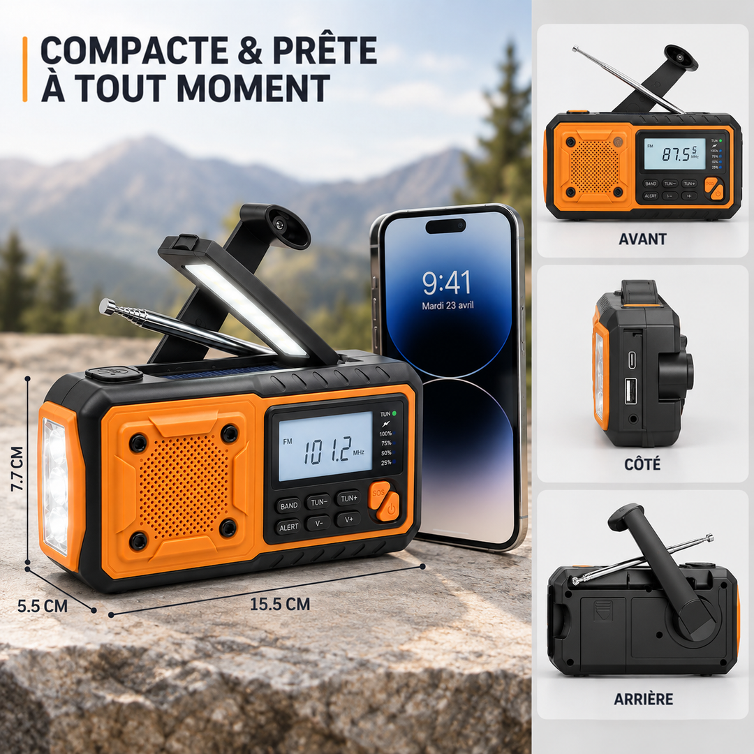 Radio posée sur un rocher à côté d'un smartphone, avec dimensions et vues de face, de côté et de dos 3