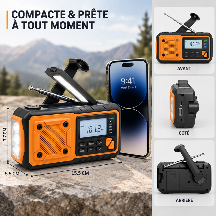 Radio posée sur un rocher à côté d'un smartphone, avec dimensions et vues de face, de côté et de dos 3