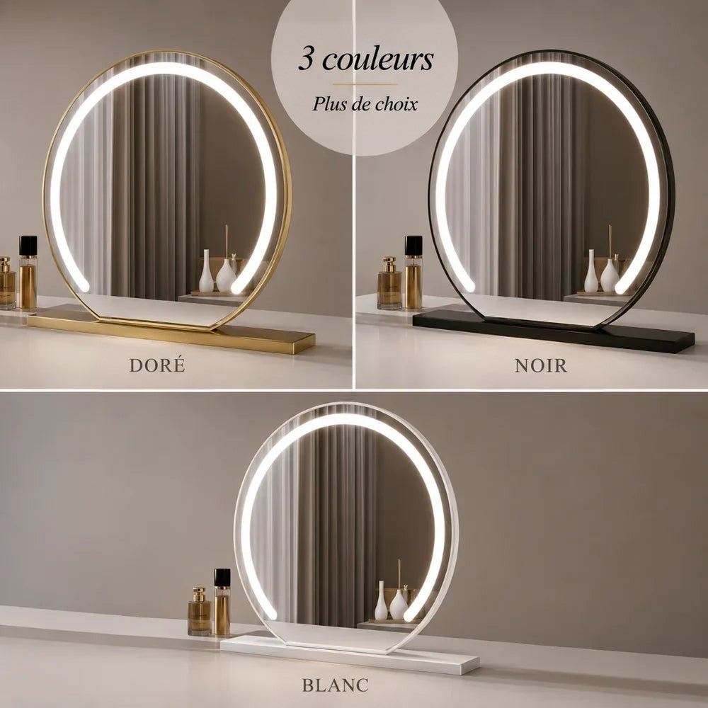 Comparatif des trois finitions du miroir : doré, noir et blanc, tous allumés 6