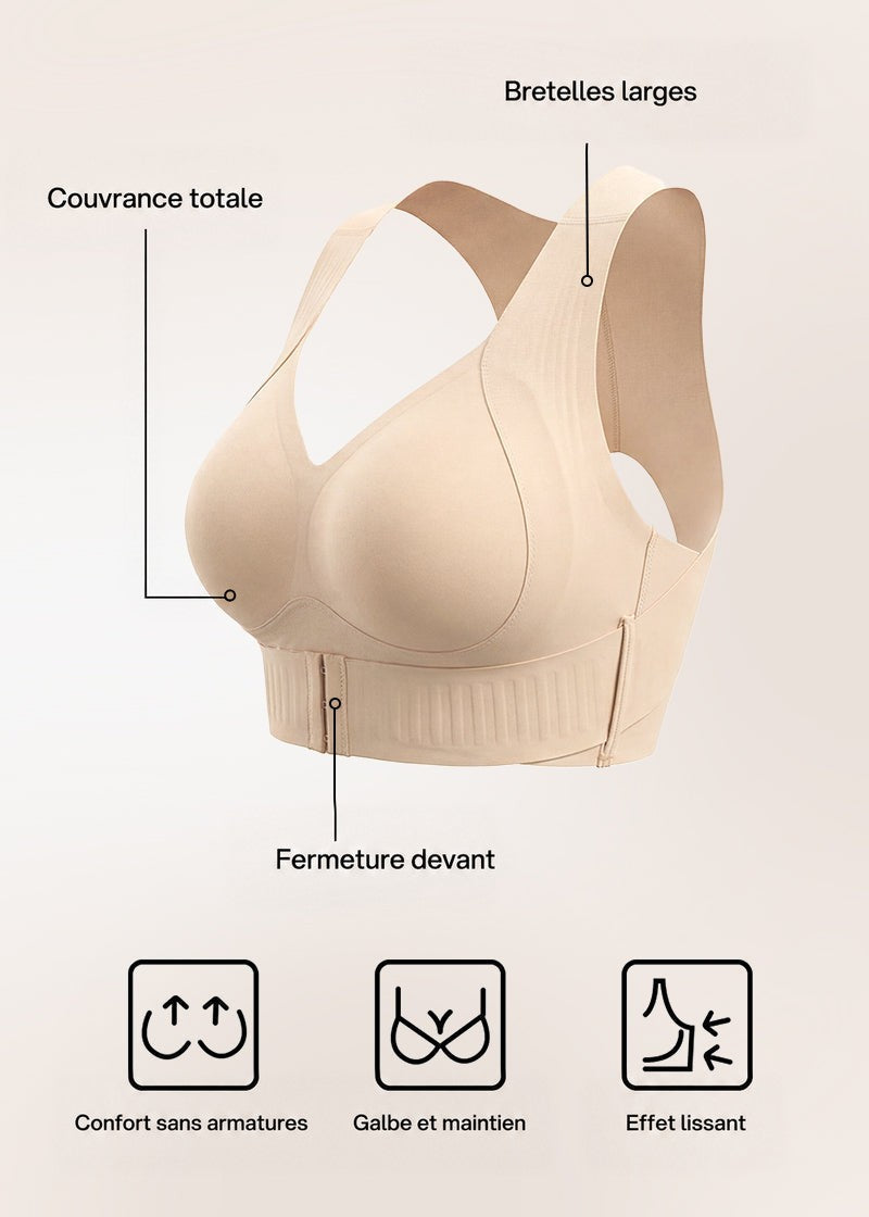 Soutien-gorge beige présenté seul avec légendes sur la couvrance complète, les larges bretelles, la fermeture frontale et l'absence d'armatures. 17