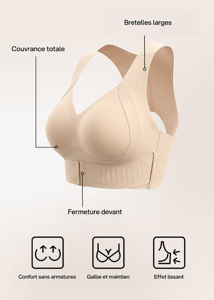 Soutien-gorge beige présenté seul avec légendes sur la couvrance complète, les larges bretelles, la fermeture frontale et l'absence d'armatures. 17