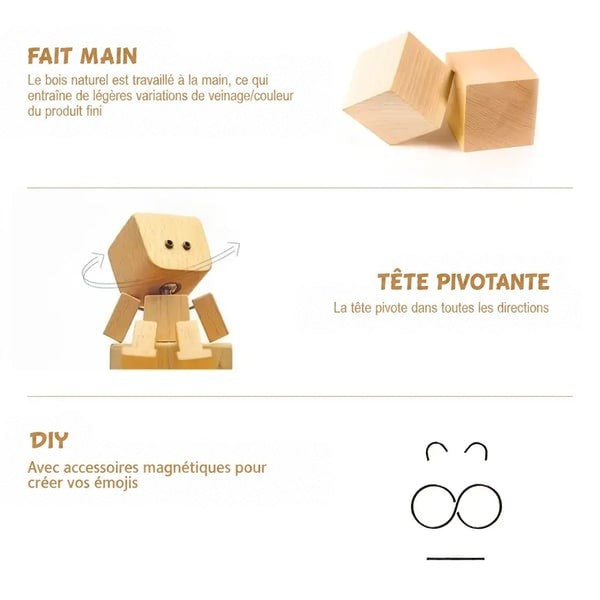 Visuel explicatif montrant des cubes de bois naturel, la tete pivotante du personnage et les accessoires magnetiques de visages a assembler. 3