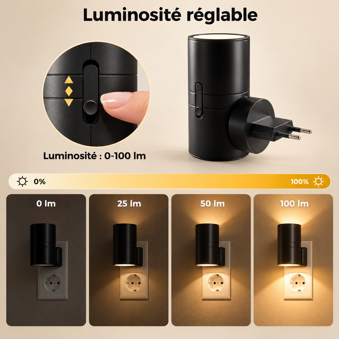 Gros plan sur le curseur de réglage et comparaison de quatre niveaux de luminosité de l'applique noire 7