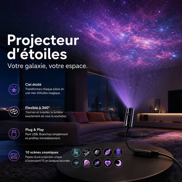 Projecteur sur socle rond dans un grand salon sombre, nébuleuse violette au plafond et vignettes des dix motifs 5