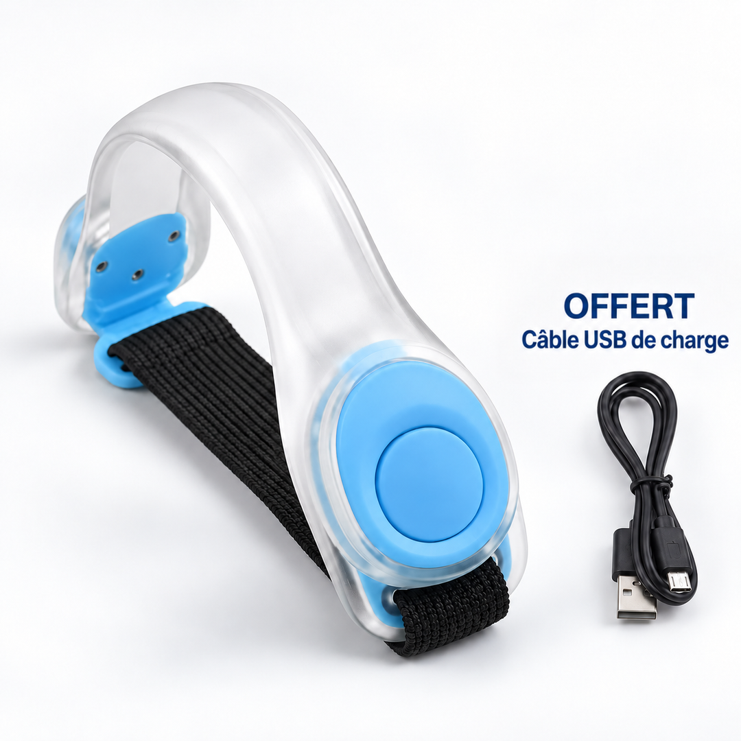 Brassard transparent à bouton bleu et sangle noire, avec son câble de charge USB 10