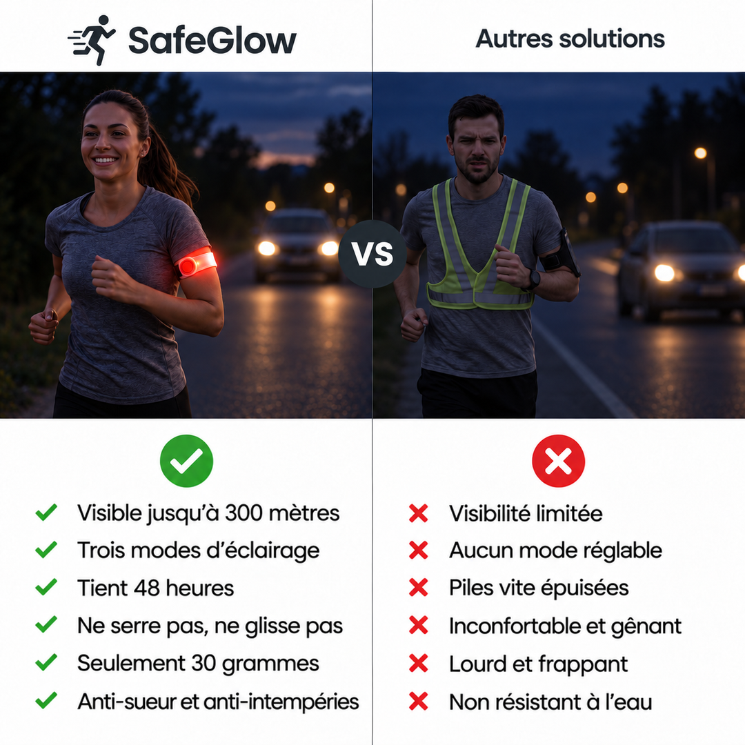 Comparatif en deux colonnes: coureuse avec brassard lumineux face à un coureur en gilet réfléchissant 6