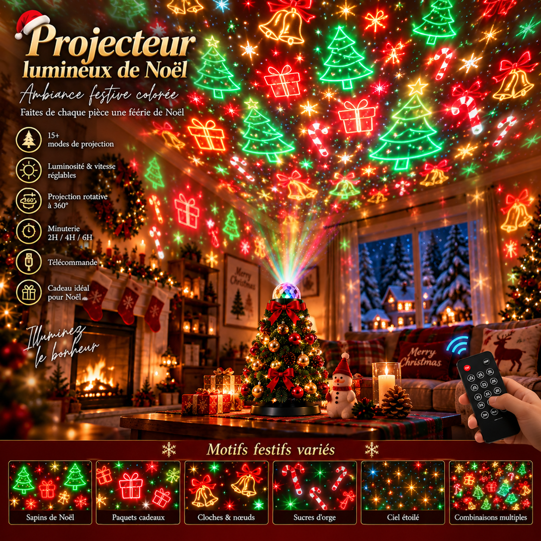 Motifs rouges et verts de sapins, cadeaux, cloches et cannes en sucre projetés au plafond 3